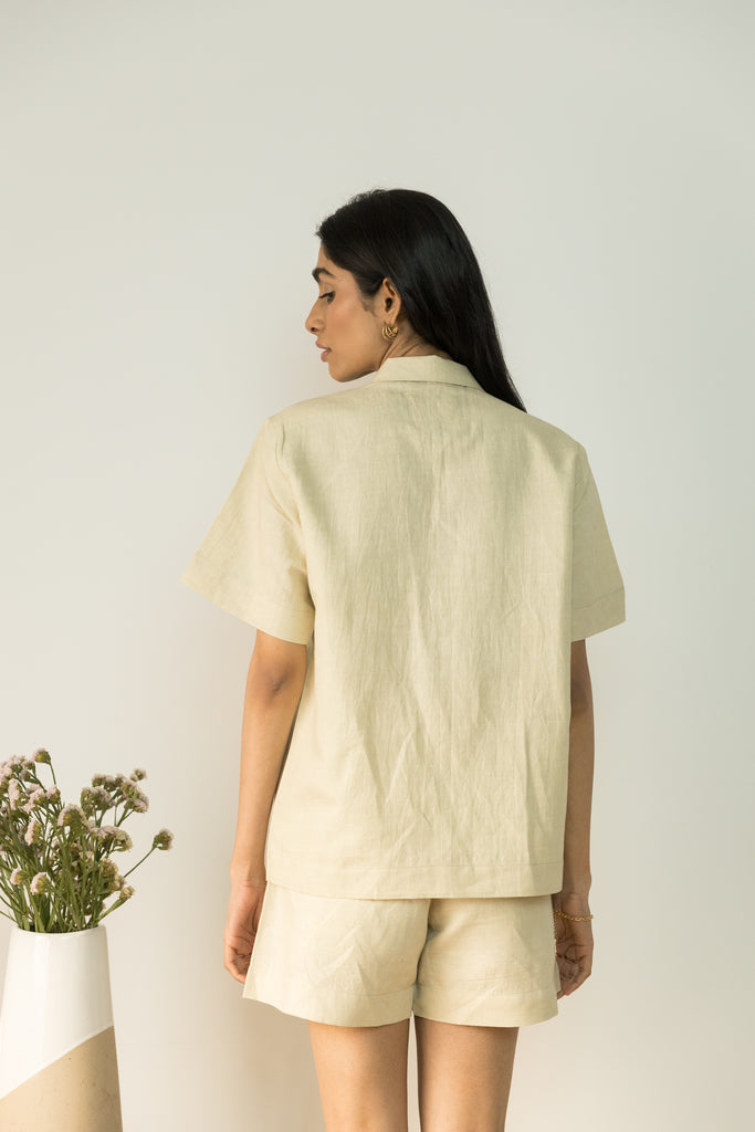 Beige Solid Cotton Shirt at Kamakhyaa by Anushé Pirani. This item is Beige, Casual Wear, Cotton, Handwoven, Hemp, Relaxed Fit, Shibumi by Anushe Pirani, Shirt, Shirts, Solids, Womenswear