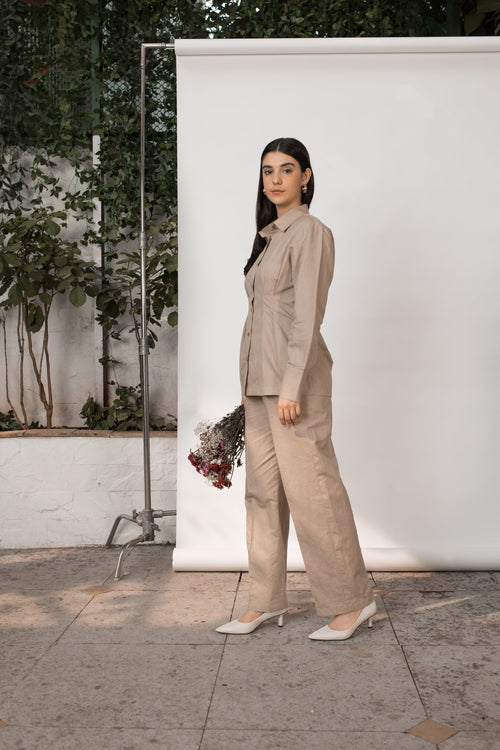 Beige Solid Tailored Pants at kamakhyaa.com by Anushé Pirani. This item is Beige, Console Collection List, Cotton, Hemp, Nostalgic Whispers by Anushe Pirani, Office Formals, Office Wear, Pants, Regular Fit, Review September 2025, Solids, Womenswear