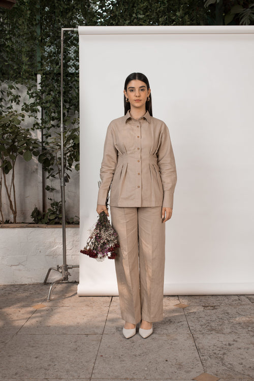 Beige Solid Tailored Pants at kamakhyaa.com by Anushé Pirani. This item is Beige, Console Collection List, Cotton, Hemp, Nostalgic Whispers by Anushe Pirani, Office Formals, Office Wear, Pants, Regular Fit, Review September 2025, Solids, Womenswear