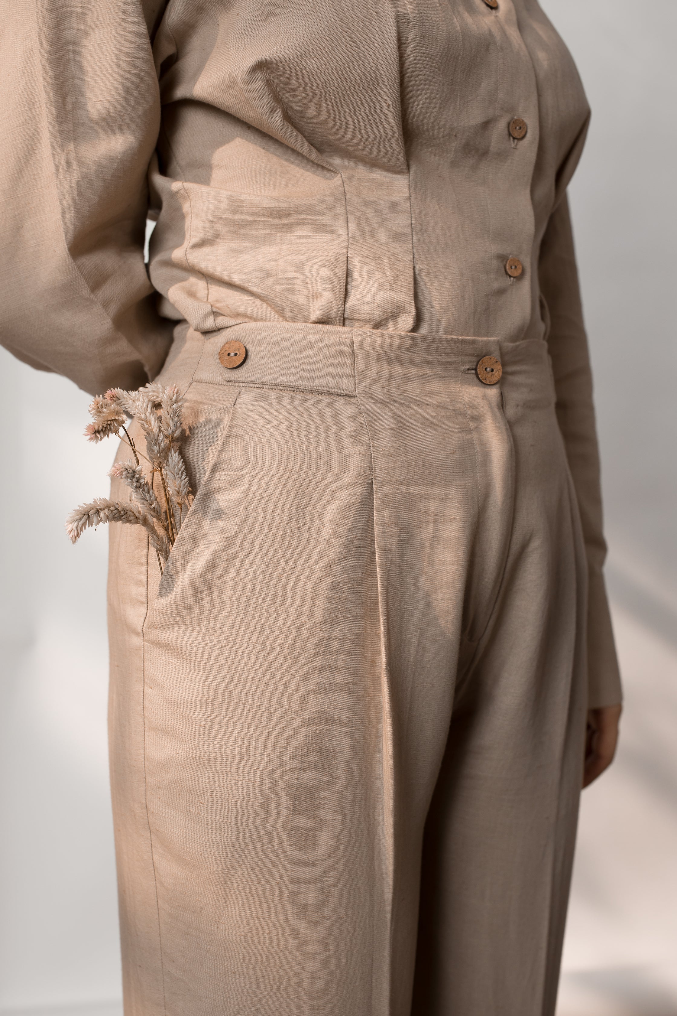 Beige Solid Tailored Pants at kamakhyaa.com by Anushé Pirani. This item is Beige, Console Collection List, Cotton, Hemp, Nostalgic Whispers by Anushe Pirani, Office Formals, Office Wear, Pants, Regular Fit, Review September 2025, Solids, Womenswear