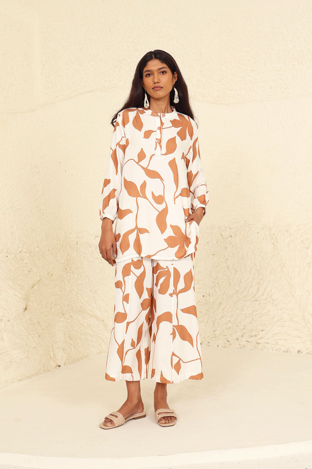 Beige Tencel Co-ord Set at Kamakhyaa by Kanelle. This item is Beige, Evening Wear, Leafy Pattern, Made from Natural Materials, One by One by Kanelle, Regular Fit, Tencel Twill, Vacation Co-ords