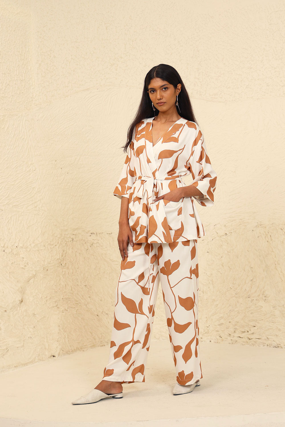 Beige Tencel Twill Printed Co-ord Set at Kamakhyaa by Kanelle. This item is Beige, Evening Wear, Leafy Pattern, Made from Natural Materials, One by One by Kanelle, Regular Fit, Tencel Twill, Vacation Co-ords