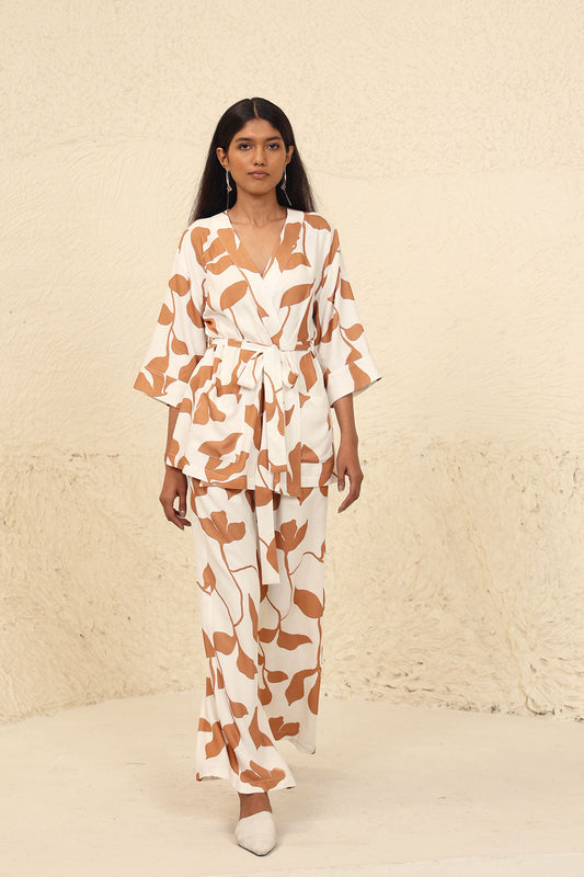 Beige Tencel Twill Printed Co-ord Set at Kamakhyaa by Kanelle. This item is Beige, Evening Wear, Leafy Pattern, Made from Natural Materials, One by One by Kanelle, Regular Fit, Tencel Twill, Vacation Co-ords