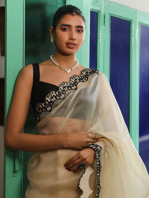Beige and Black Viscose Silk Saree Set at Kamakhyaa by RoohbyRidhimaa. This item is Beige, Dori Embroidery, Embroidered, Festive Wear, Free Size, Saree Sets, Toxin free