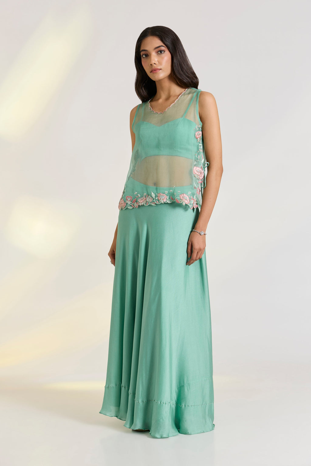 Bemberg Aeris Lehenga Set at Kamakhyaa by Ewoke. This item is Bemberg, embroidered set, green set, mehendi outfit, Nostalgia's Thread by Ewoke, Sage Green, sustainable fashion