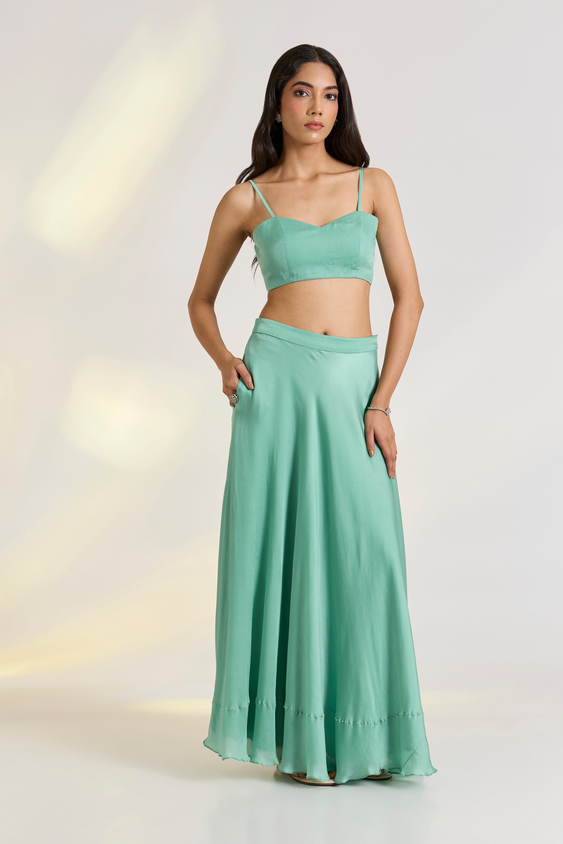 Bemberg Aeris Lehenga Set at Kamakhyaa by Ewoke. This item is Bemberg, embroidered set, green set, mehendi outfit, Nostalgia's Thread by Ewoke, Sage Green, sustainable fashion