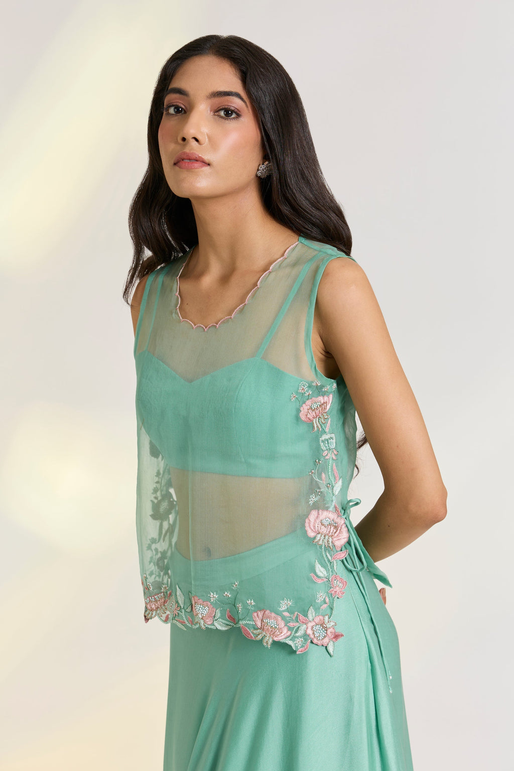 Bemberg Aeris Lehenga Set at Kamakhyaa by Ewoke. This item is Bemberg, embroidered set, green set, mehendi outfit, Nostalgia's Thread by Ewoke, Sage Green, sustainable fashion