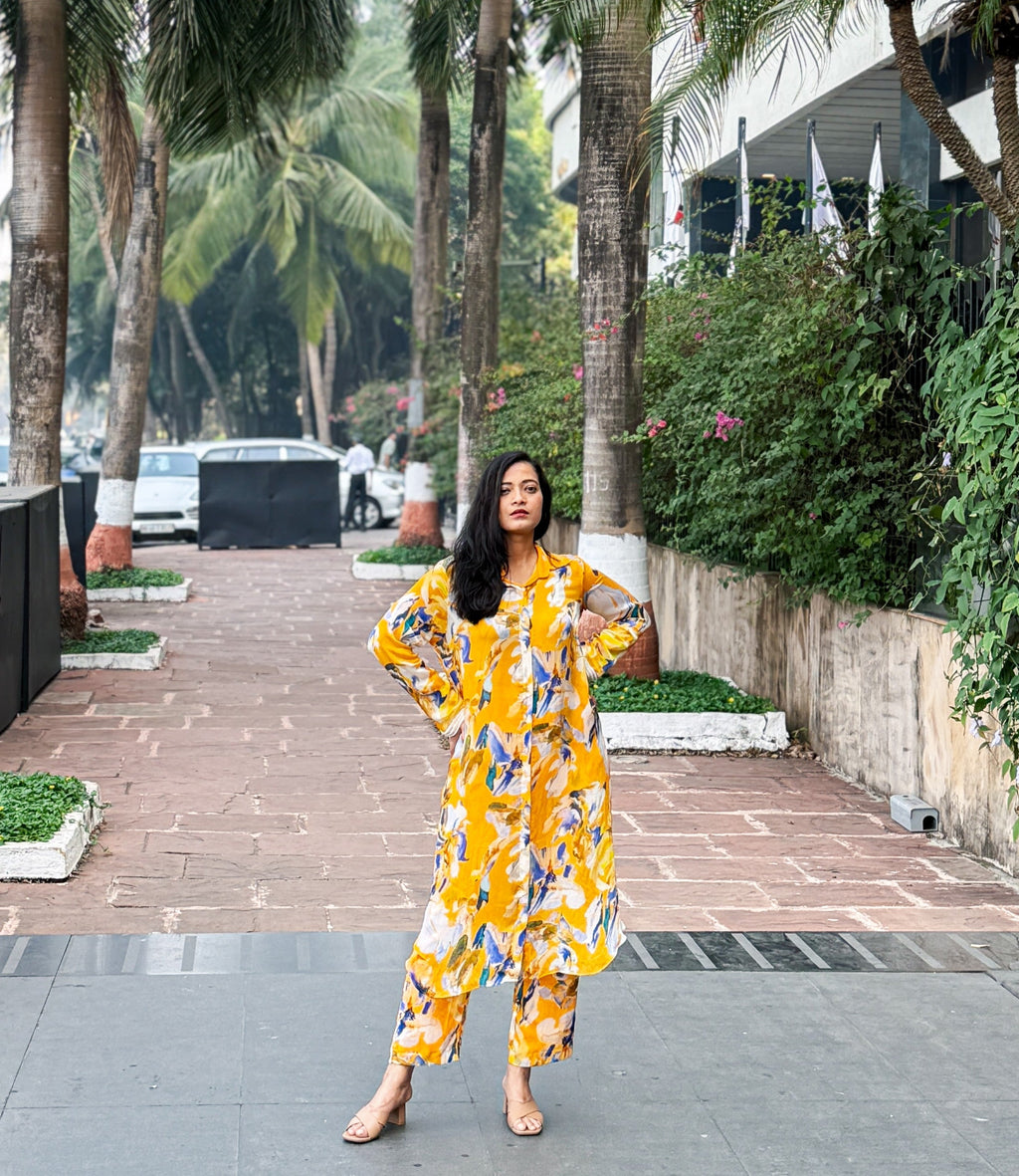 Bemberg Chiffon Yellow Embroidered Coord Set at Kamakhyaa by Ewoke. This item is Bemberg Chiffon, coord set for women, coordinate set, ecofriendly clothing, Nostalgia's Thread by Ewoke, sale, sustainable fashion, Under $200, womens coordinate set