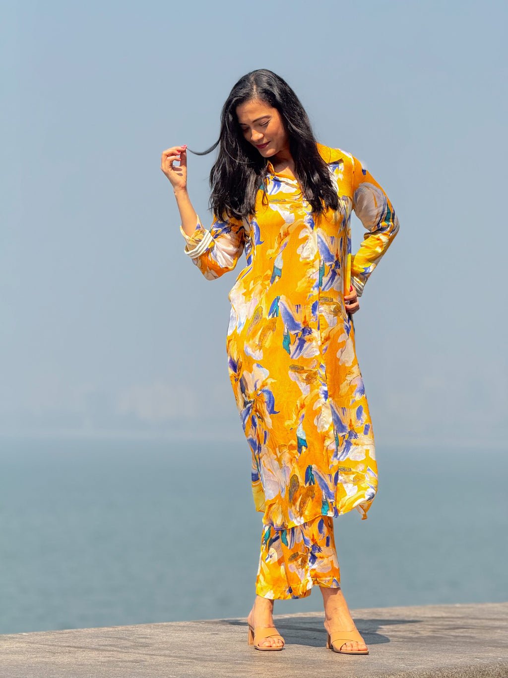 Bemberg Chiffon Yellow Embroidered Coord Set at Kamakhyaa by Ewoke. This item is Bemberg Chiffon, coord set for women, coordinate set, ecofriendly clothing, Nostalgia's Thread by Ewoke, sale, sustainable fashion, Under $200, womens coordinate set
