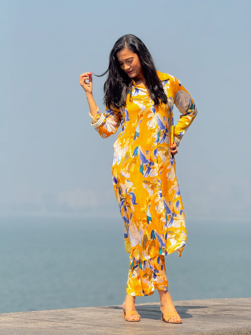 Bemberg Chiffon Yellow Embroidered Coord Set at Kamakhyaa by Ewoke. This item is Bemberg Chiffon, coord set for women, coordinate set, ecofriendly clothing, Nostalgia's Thread by Ewoke, sale, sustainable fashion, Under $200, womens coordinate set