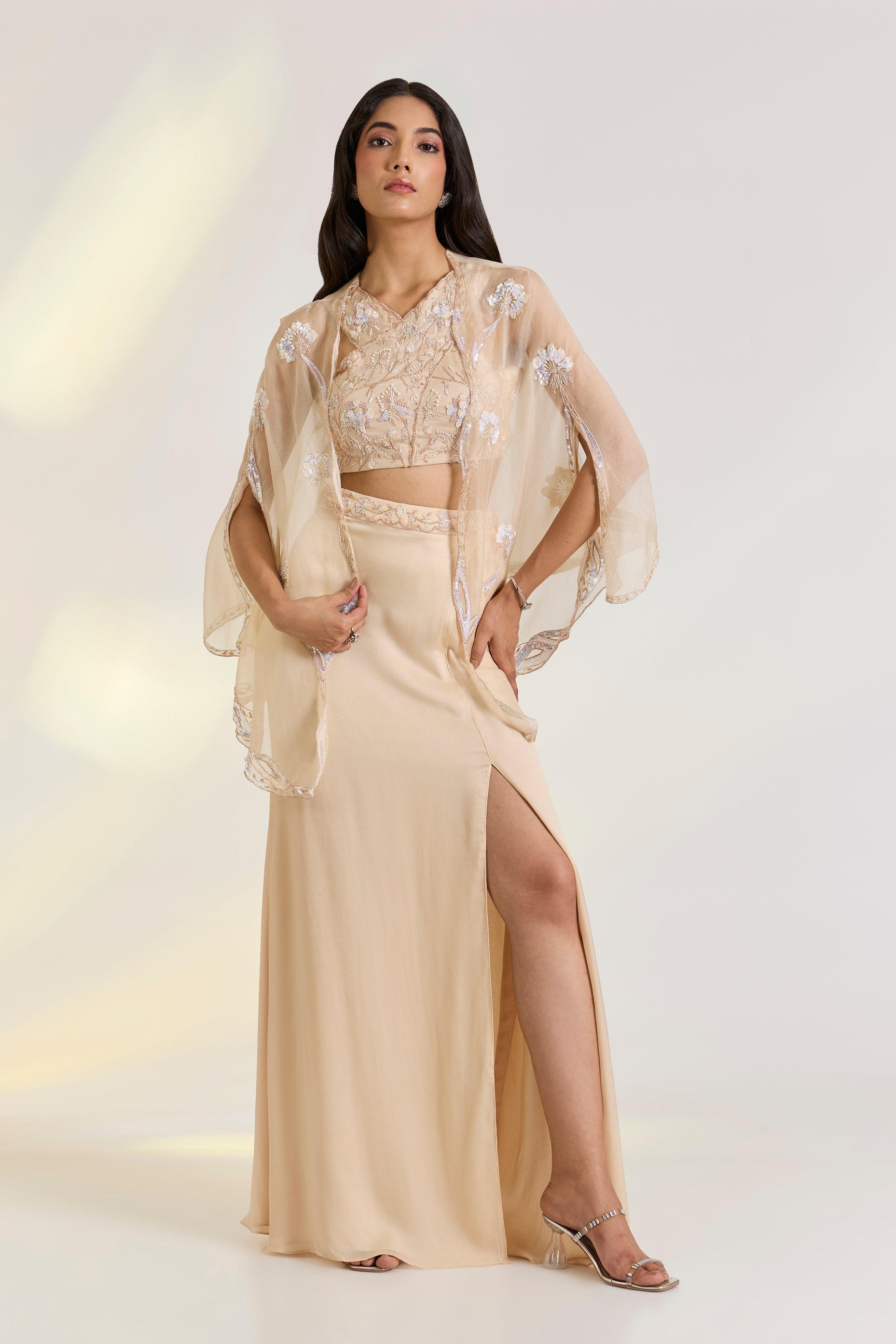 Bemberg Elara Nude Pink Drape Set at Kamakhyaa by Ewoke. This item is Bemberg, embroidered set, green set, mehendi outfit, Missing image, Nostalgia's Thread by Ewoke, Nude Pink, sustainable fashion