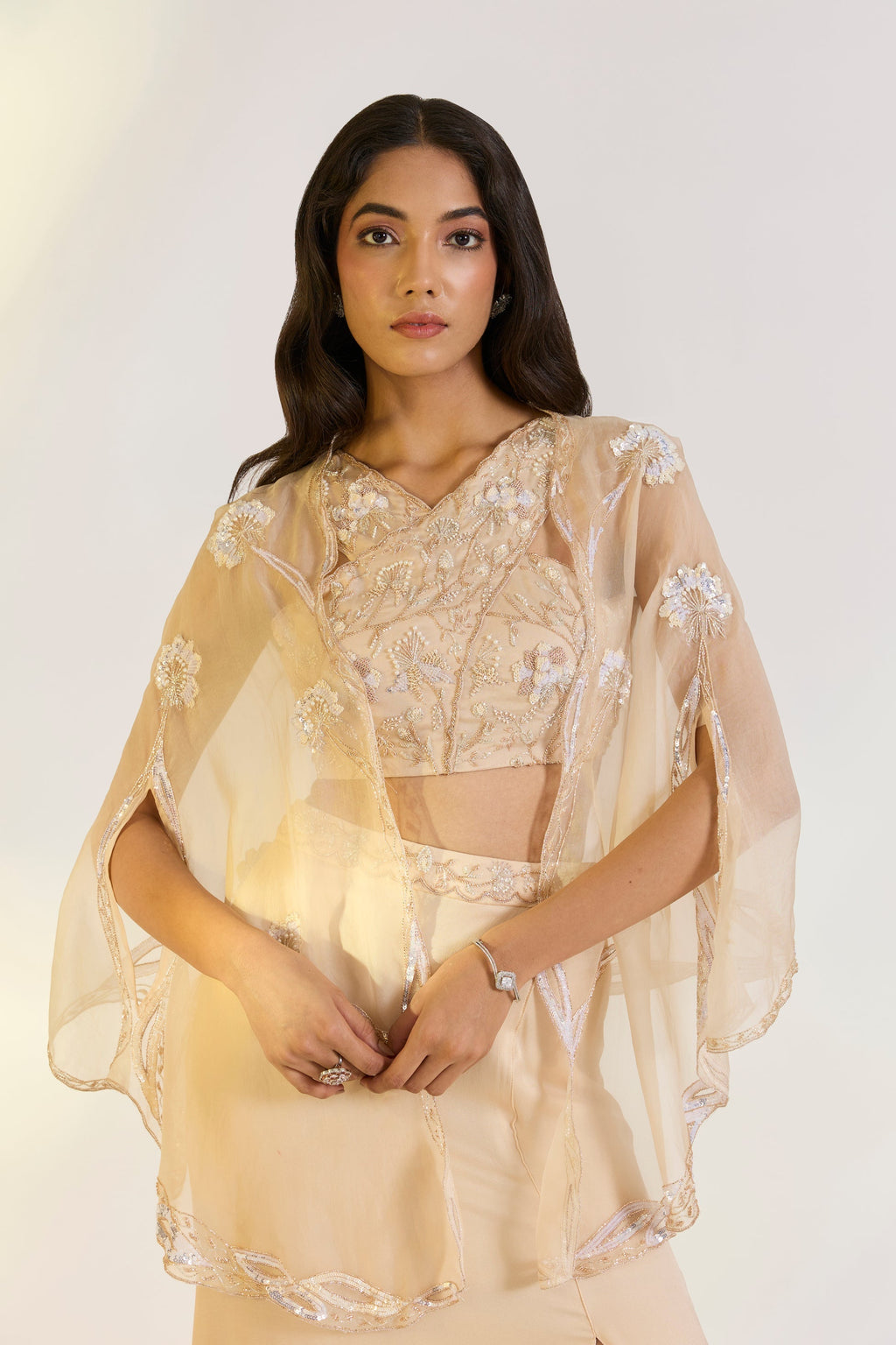 Bemberg Elara Nude Pink Drape Set at Kamakhyaa by Ewoke. This item is Bemberg, embroidered set, green set, mehendi outfit, Missing image, Nostalgia's Thread by Ewoke, Nude Pink, sustainable fashion