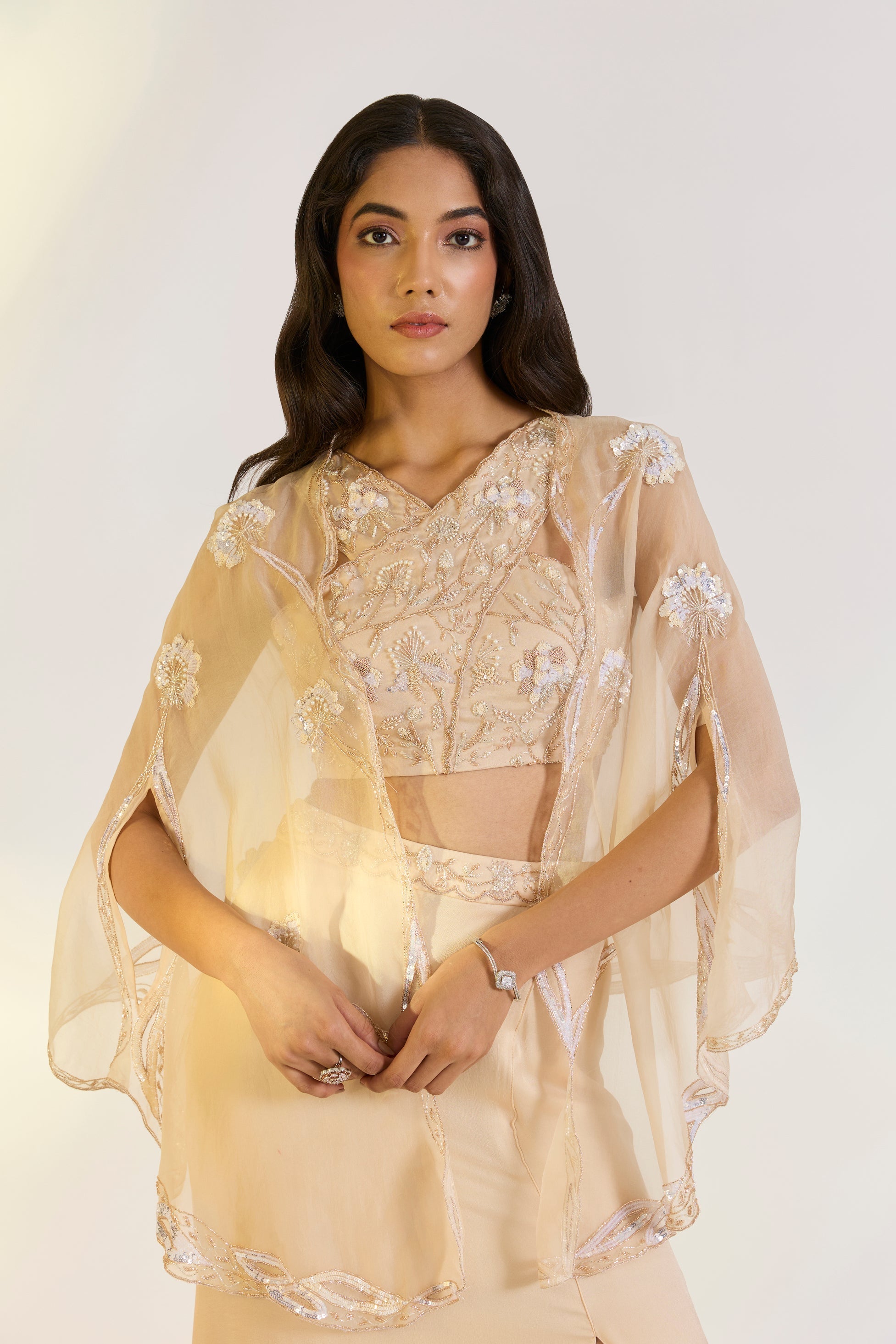 Bemberg Elara Nude Pink Drape Set at Kamakhyaa by Ewoke. This item is Bemberg, embroidered set, green set, mehendi outfit, Missing image, Nostalgia's Thread by Ewoke, Nude Pink, sustainable fashion