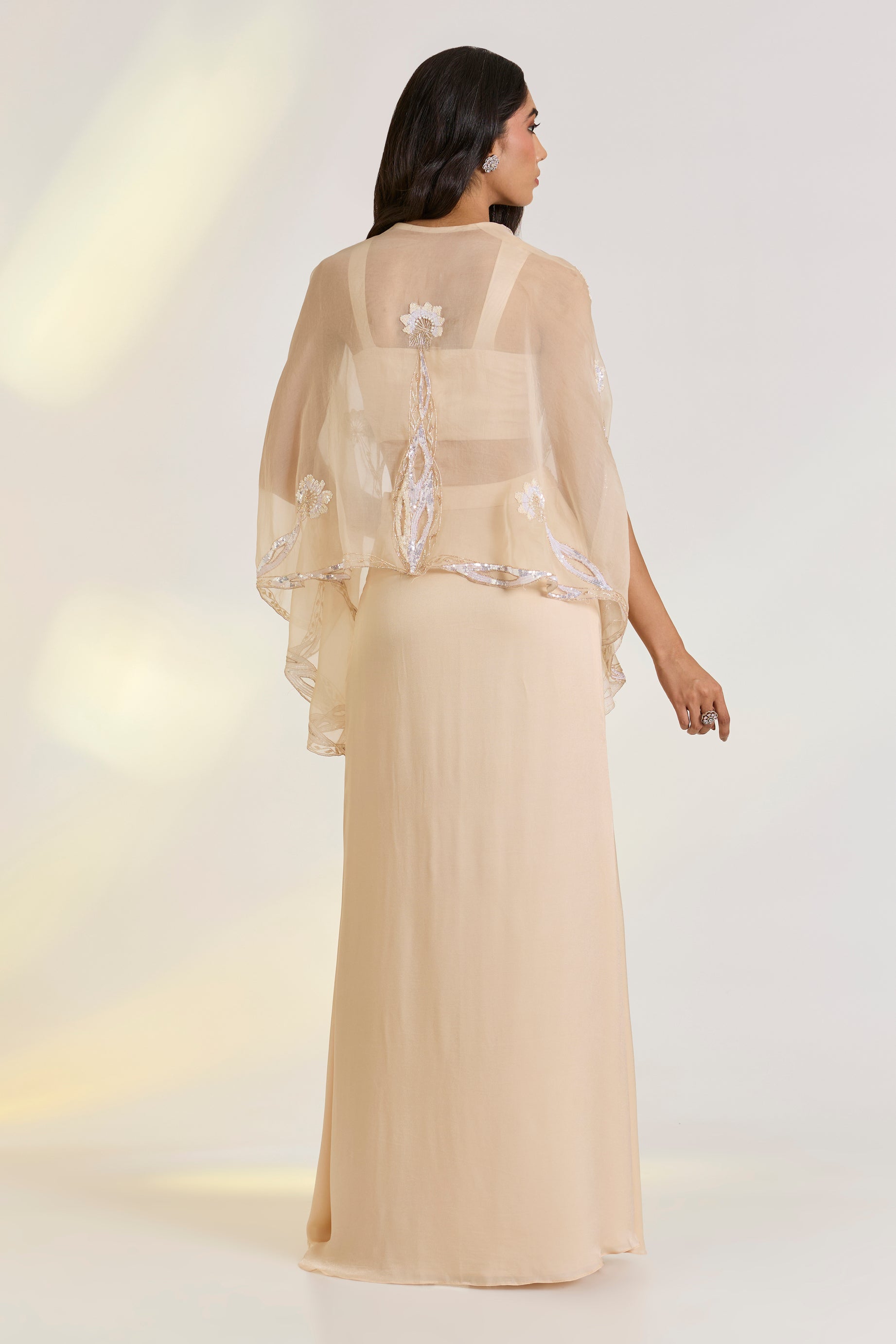 Bemberg Elara Nude Pink Drape Set at Kamakhyaa by Ewoke. This item is Bemberg, embroidered set, green set, mehendi outfit, Missing image, Nostalgia's Thread by Ewoke, Nude Pink, sustainable fashion