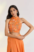 Bemberg Tangerine Skirt Set at Kamakhyaa by Ewoke. This item is Bemberg, bemberg fabric, destination wedding lehengas, embroidered lehengas, Lehenga set, Nostalgia's Thread by Ewoke, Orange, sustainable fashion
