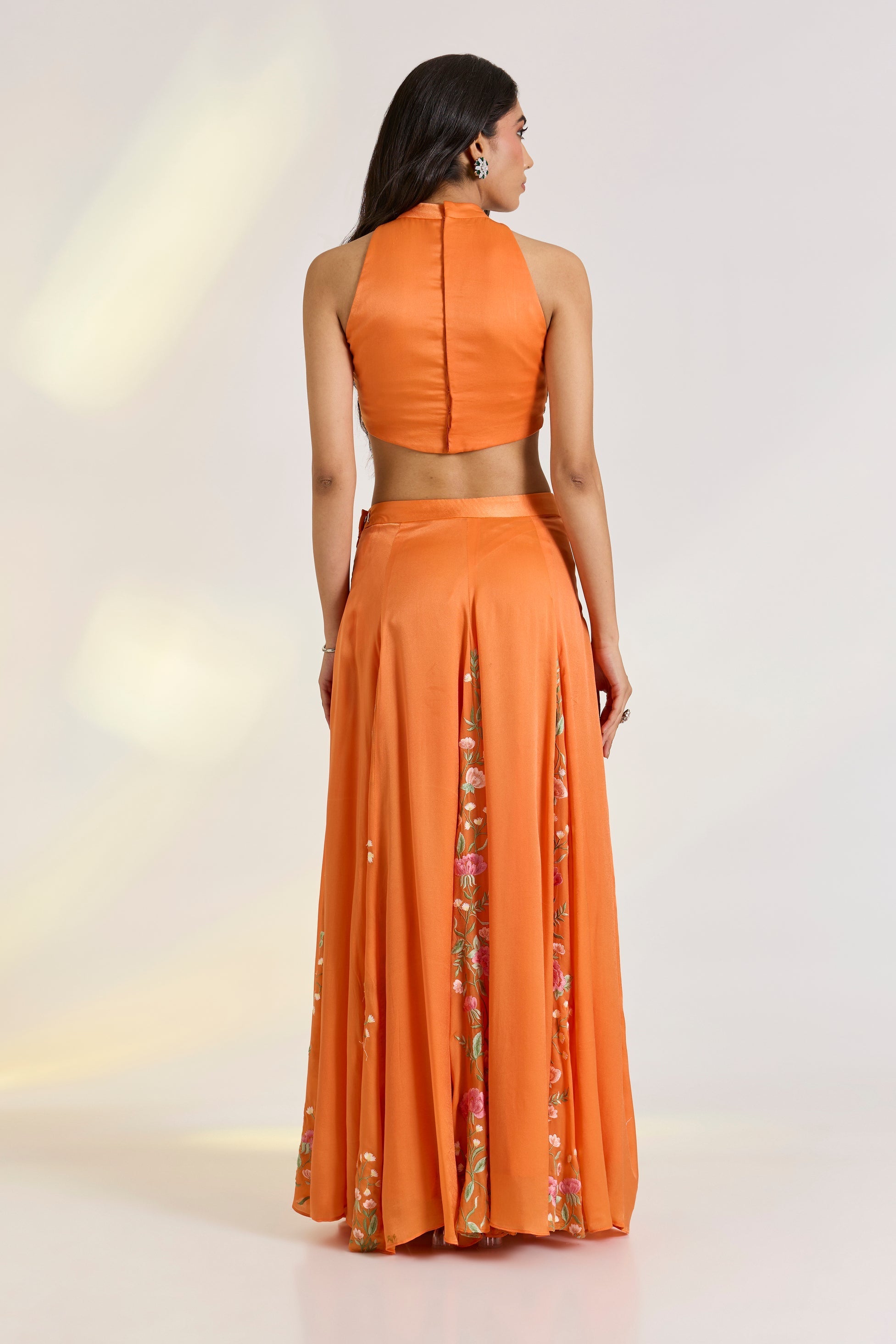 Bemberg Tangerine Skirt Set at Kamakhyaa by Ewoke. This item is Bemberg, bemberg fabric, destination wedding lehengas, embroidered lehengas, Lehenga set, Nostalgia's Thread by Ewoke, Orange, sustainable fashion