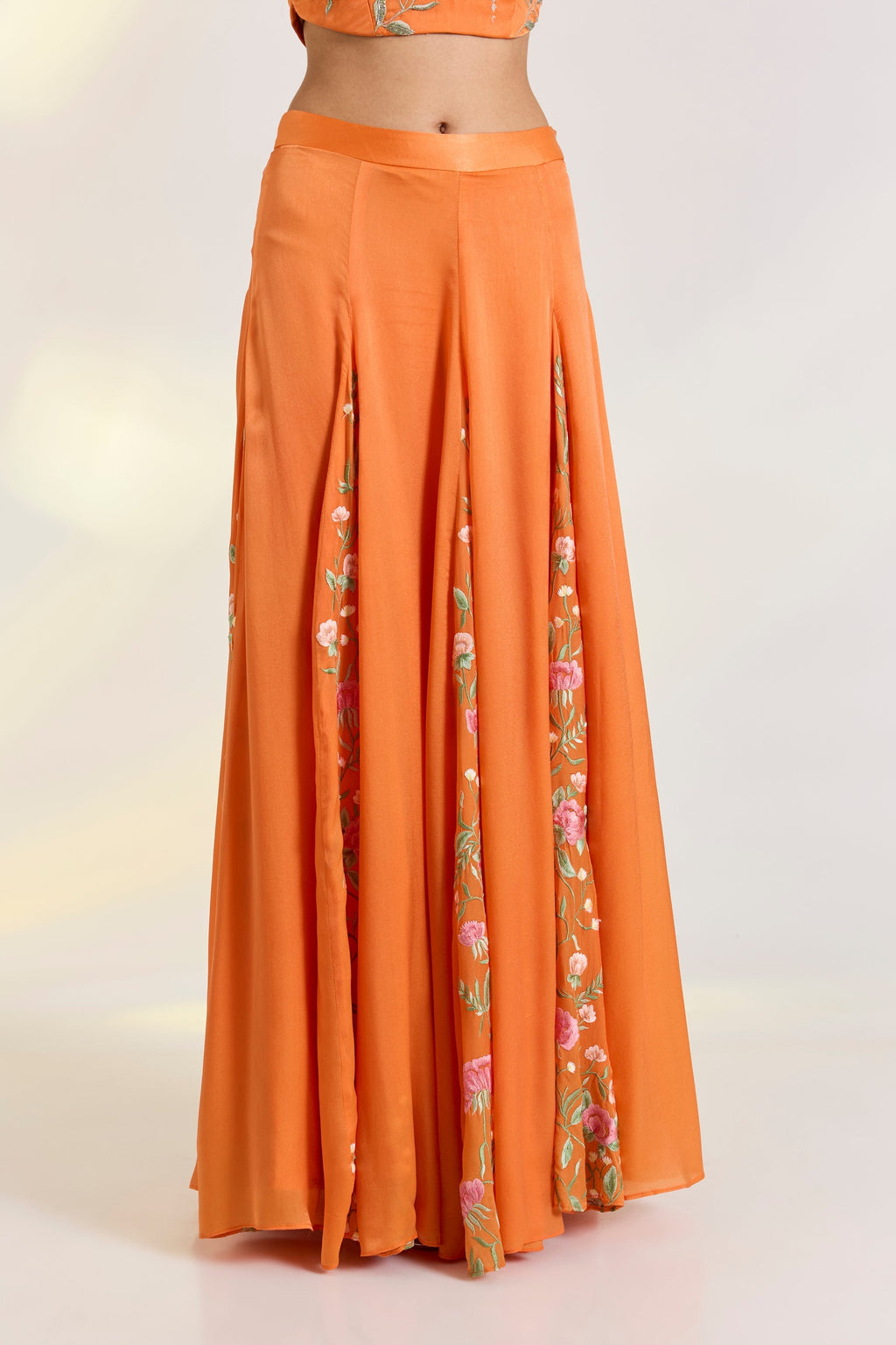 Bemberg Tangerine Skirt Set at Kamakhyaa by Ewoke. This item is Bemberg, bemberg fabric, destination wedding lehengas, embroidered lehengas, Lehenga set, Nostalgia's Thread by Ewoke, Orange, sustainable fashion