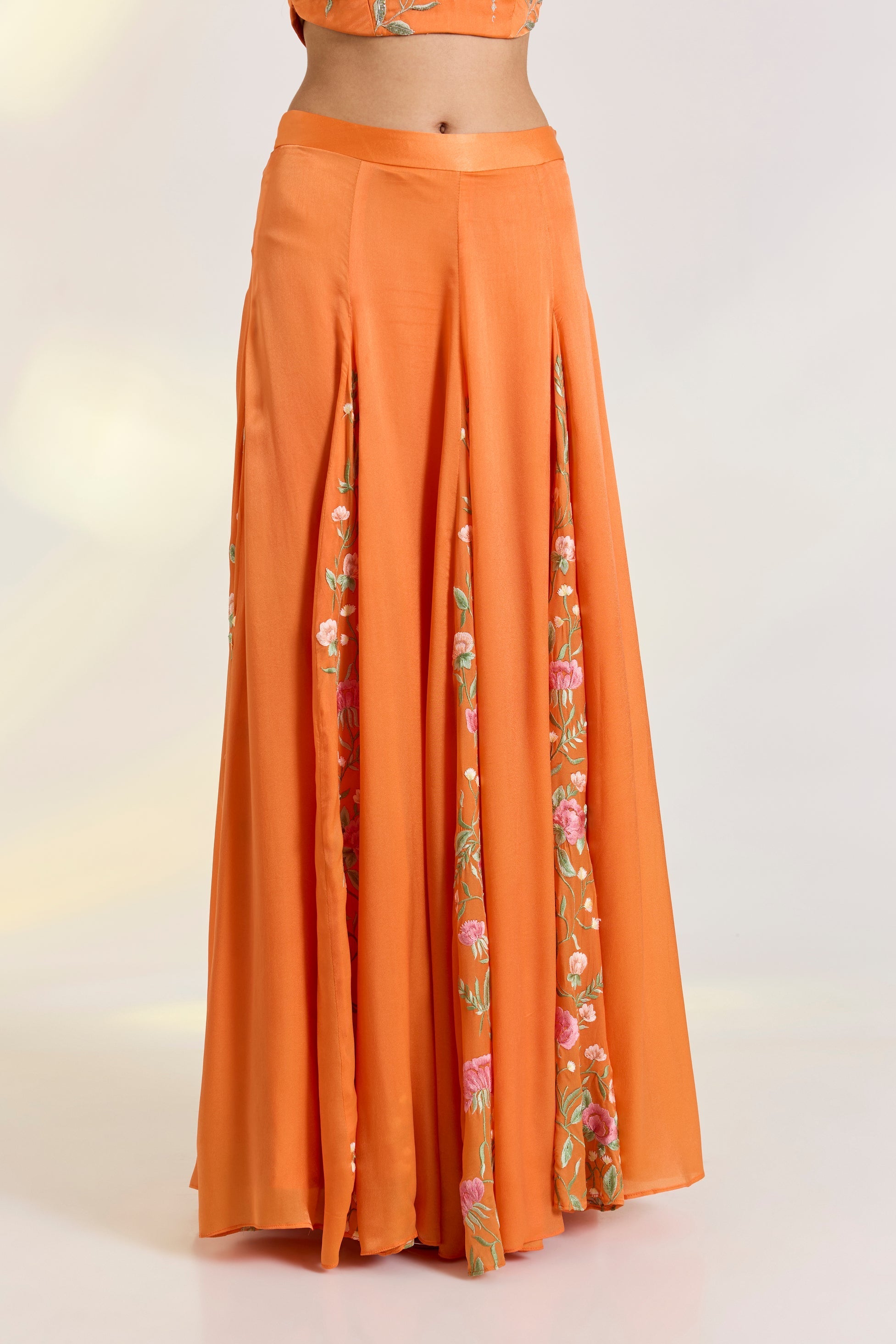 Bemberg Tangerine Skirt Set at Kamakhyaa by Ewoke. This item is Bemberg, bemberg fabric, destination wedding lehengas, embroidered lehengas, Lehenga set, Nostalgia's Thread by Ewoke, Orange, sustainable fashion