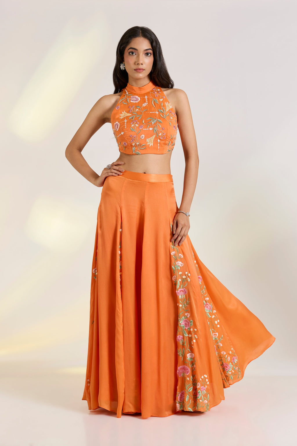 Bemberg Tangerine Skirt Set at Kamakhyaa by Ewoke. This item is Bemberg, bemberg fabric, destination wedding lehengas, embroidered lehengas, Lehenga set, Nostalgia's Thread by Ewoke, Orange, sustainable fashion