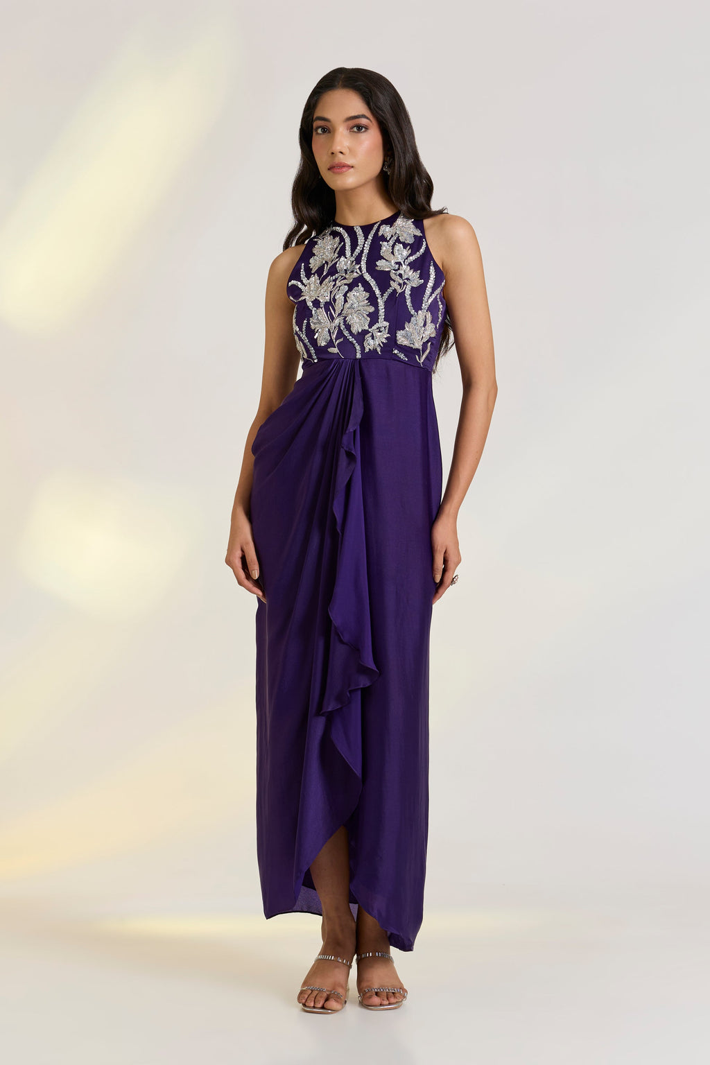 Bemberg Tara Draped Gown at Kamakhyaa by Ewoke. This item is Bemberg, destination wedding lehengas, diwali gowns, festive, gowns, Missing image, Nostalgia's Thread by Ewoke, Purple, sustainable fashion, wedding dress, Wedding wear