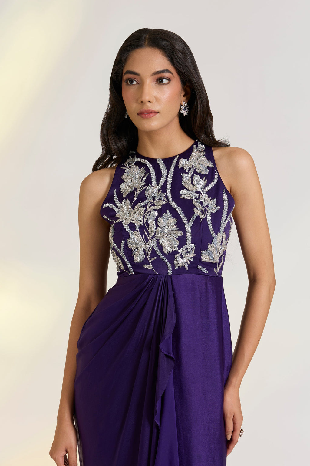 Bemberg Tara Draped Gown at Kamakhyaa by Ewoke. This item is Bemberg, destination wedding lehengas, diwali gowns, festive, gowns, Missing image, Nostalgia's Thread by Ewoke, Purple, sustainable fashion, wedding dress, Wedding wear