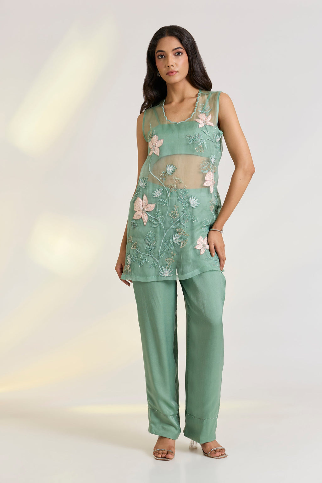 Bemberg Vire Embroidered Set at Kamakhyaa by Ewoke. This item is Bemberg, embroidered set, green set, mehendi outfit, Missing image, Nostalgia's Thread by Ewoke, Sage Green, sustainable fashion