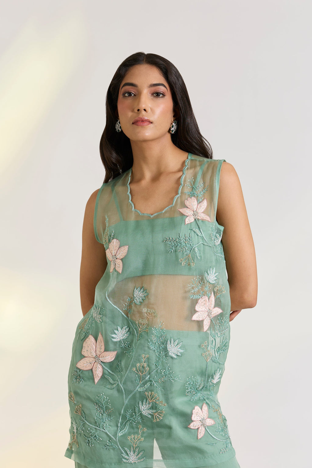 Bemberg Vire Embroidered Set at Kamakhyaa by Ewoke. This item is Bemberg, embroidered set, green set, mehendi outfit, Missing image, Nostalgia's Thread by Ewoke, Sage Green, sustainable fashion