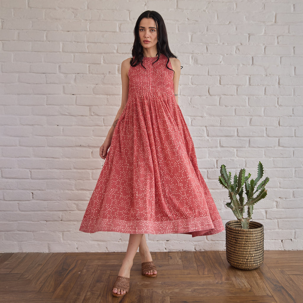 Berry Buds at Kamakhyaa by Taro. This item is Artisan made, Cotton Mulmul, Handblock Printed, Red, Sleeveless Dresses, Under $50, Whispers of Summer by Taro
