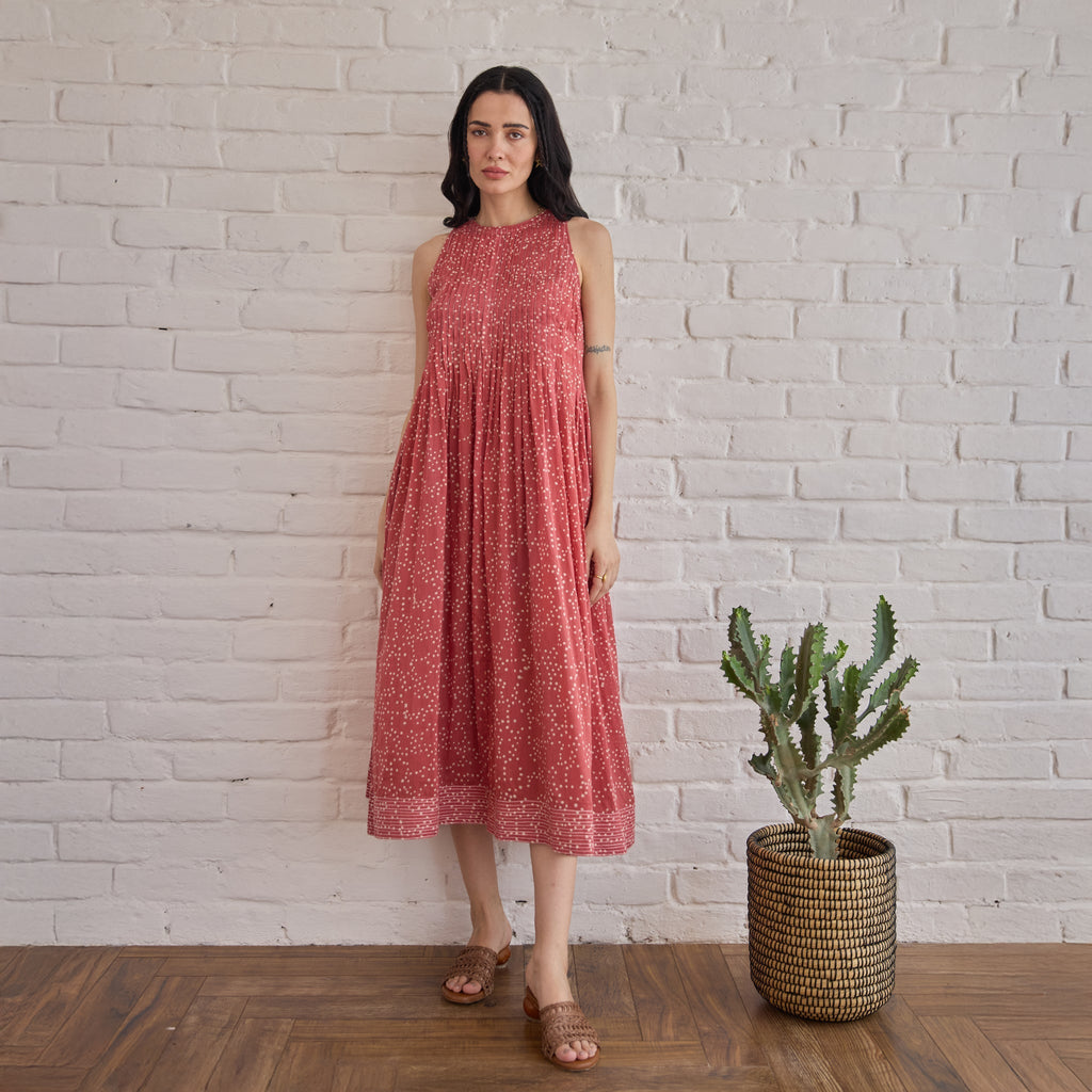 Berry Buds at Kamakhyaa by Taro. This item is Artisan made, Cotton Mulmul, Handblock Printed, Red, Sleeveless Dresses, Under $50, Whispers of Summer by Taro
