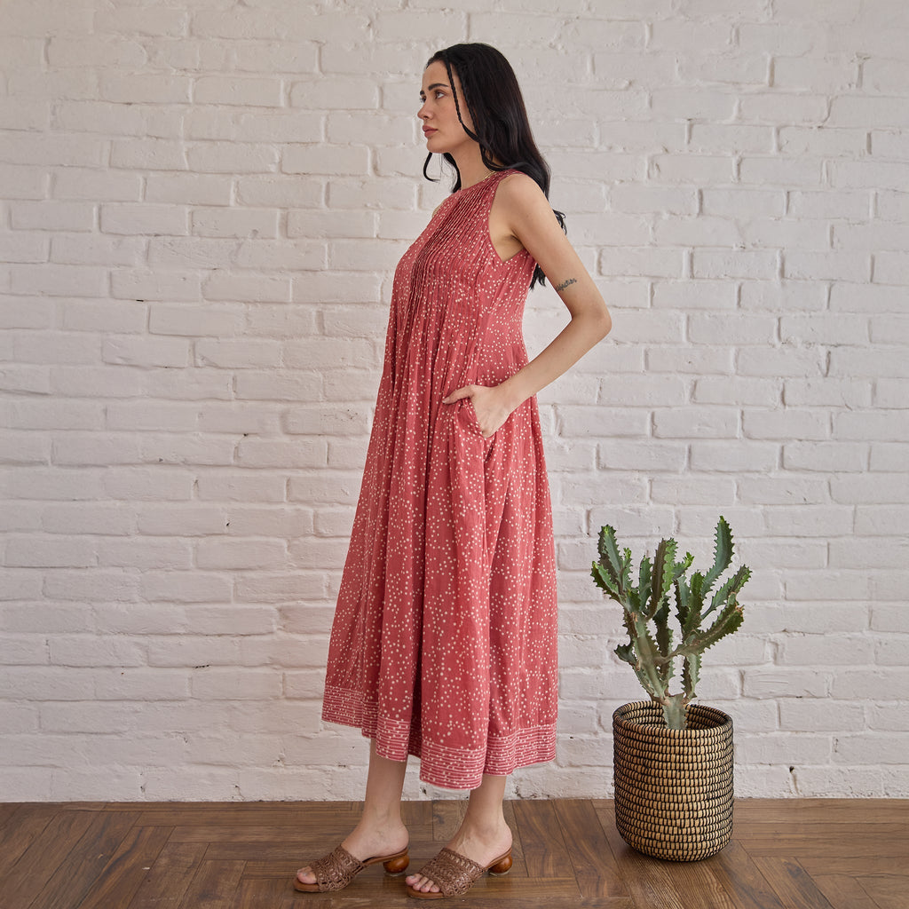 Berry Buds at Kamakhyaa by Taro. This item is Artisan made, Cotton Mulmul, Handblock Printed, Red, Sleeveless Dresses, Under $50, Whispers of Summer by Taro