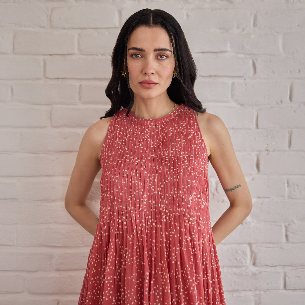 Berry Buds at Kamakhyaa by Taro. This item is Artisan made, Cotton Mulmul, Handblock Printed, Red, Sleeveless Dresses, Under $50, Whispers of Summer by Taro