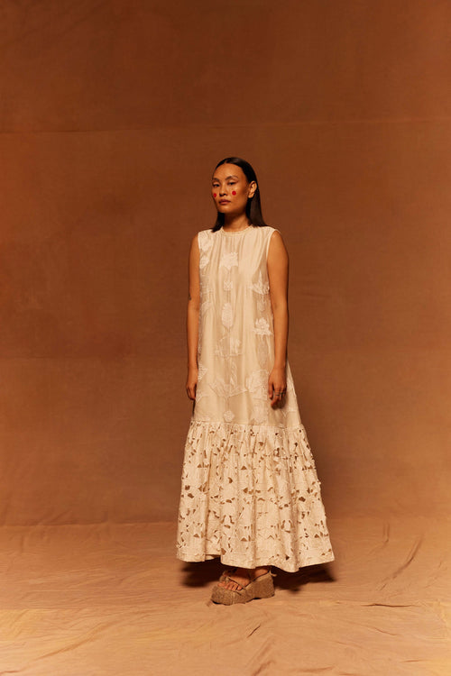 Bigaku Tier Dress at Kamakhyaa by Ahmev. This item is Cotton Silk, Dress, Embroidered, Ivory, Maximum Minimum by Ahmev, Relaxed Fit, wedding, Womenswear