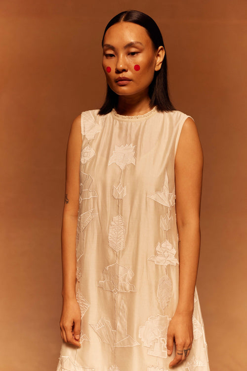 Bigaku Tier Dress at Kamakhyaa by Ahmev. This item is Cotton Silk, Dress, Embroidered, Ivory, Maximum Minimum by Ahmev, Relaxed Fit, wedding, Womenswear