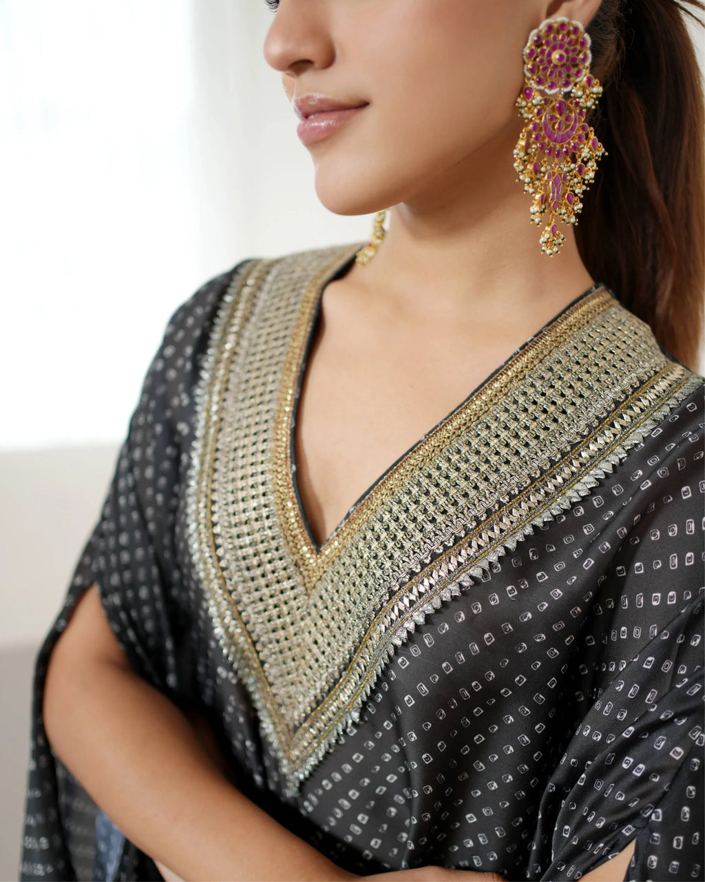 Black Beautiful V-neck Kurta Pant Set at Kamakhyaa by Mayura Kumar. This item is Bandhej, Bandhej Bandhini Mixology by Mayura Kumar, Black, Dry clean, Festive Wear, Relaxed Fit, Satin Silk, Tie & Dye