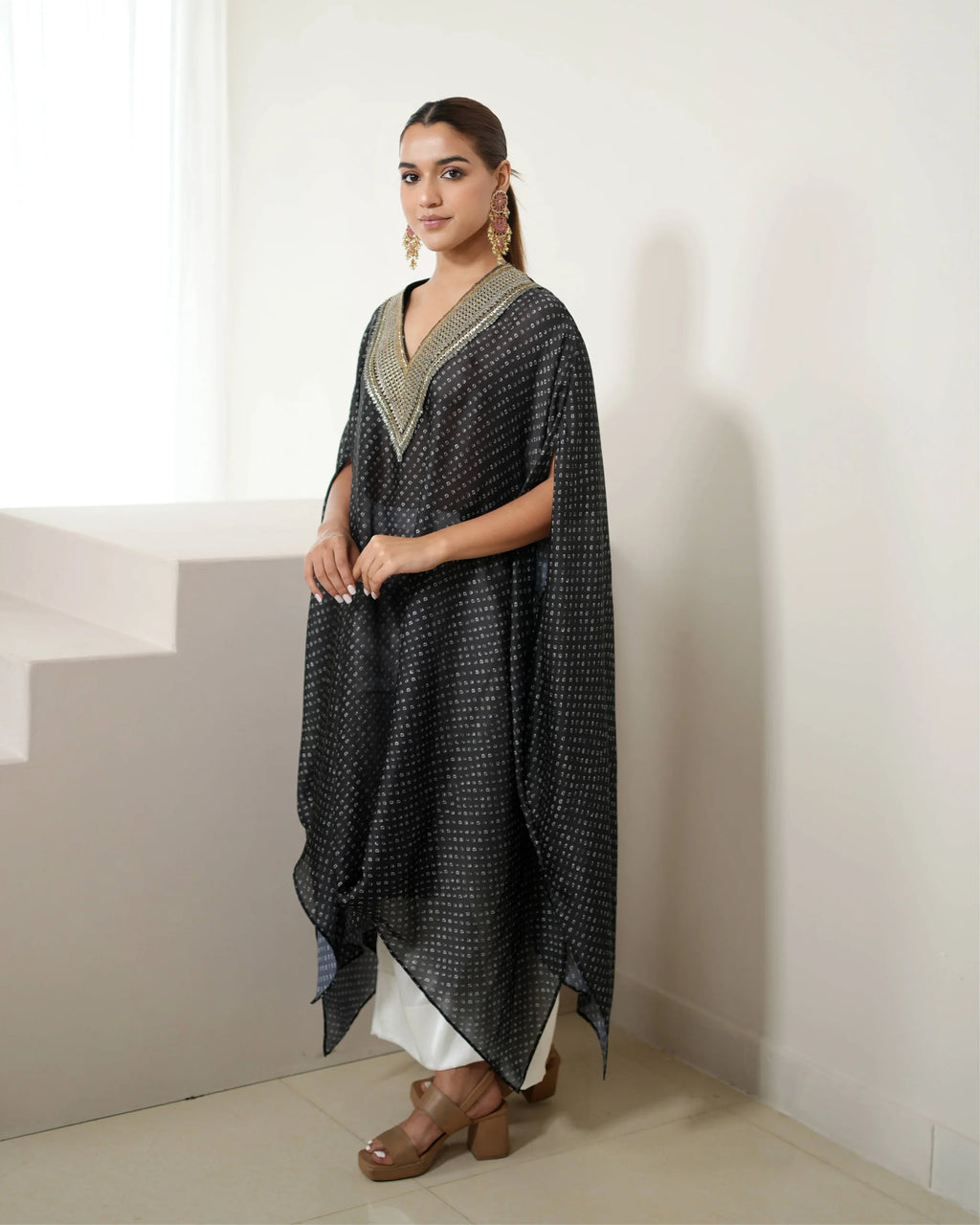 Black Beautiful V-neck Kurta Pant Set at Kamakhyaa by Mayura Kumar. This item is Bandhej, Bandhej Bandhini Mixology by Mayura Kumar, Black, Dry clean, Festive Wear, Relaxed Fit, Satin Silk, Tie & Dye
