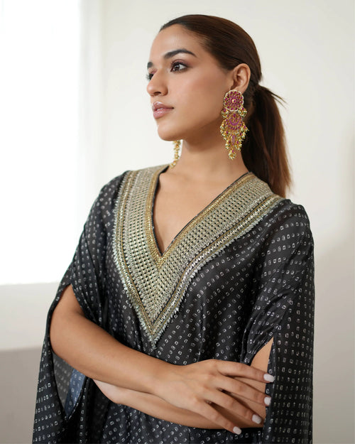Black Beautiful V-neck Kurta Pant Set at Kamakhyaa by Mayura Kumar. This item is Bandhej, Bandhej Bandhini Mixology by Mayura Kumar, Black, Dry clean, Festive Wear, Relaxed Fit, Satin Silk, Tie & Dye