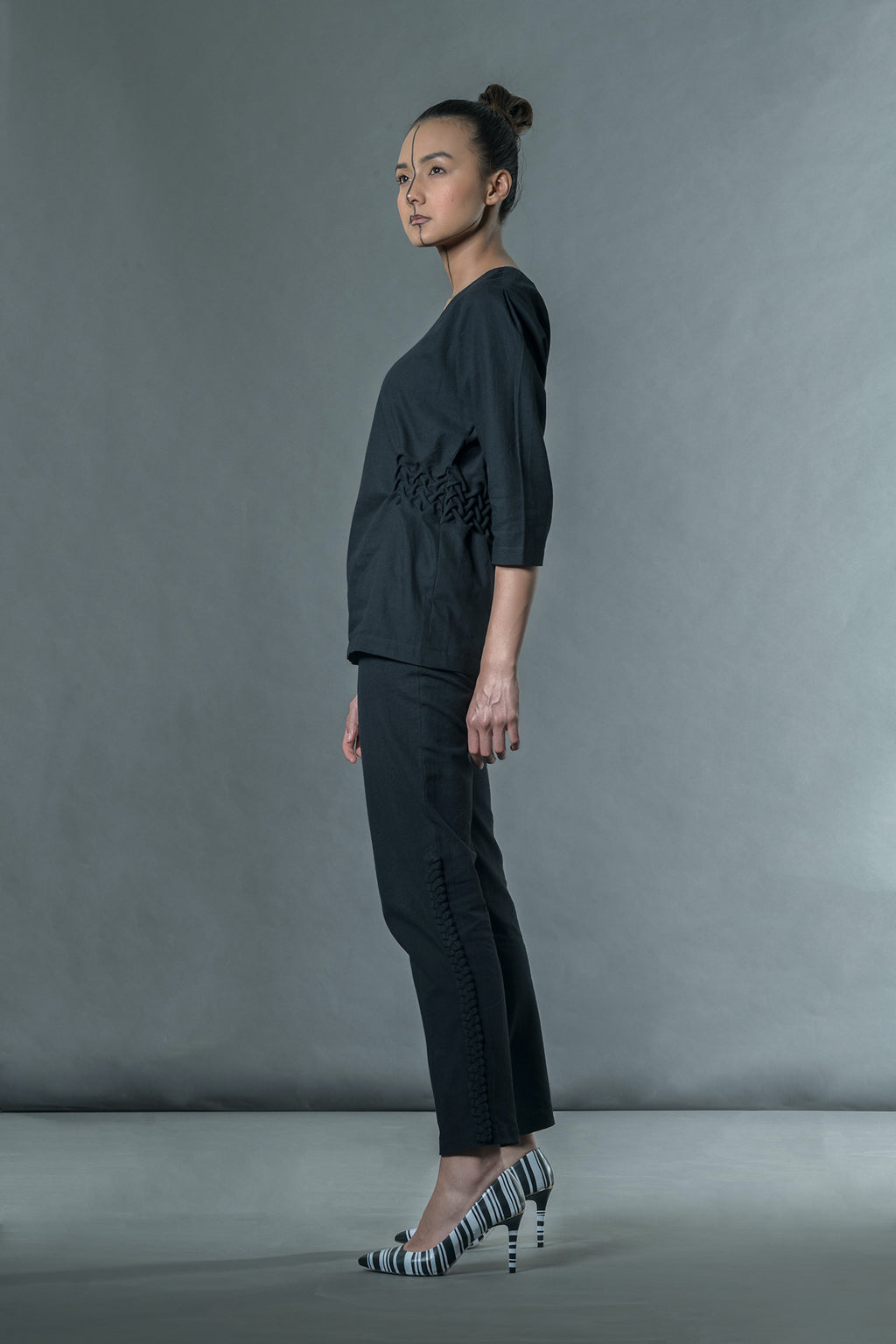 Black Braided Pants at kamakhyaa.com by Anushé Pirani. This item is Black, Cotton, Jute, Natural, Office Formals, Office Wear, Pants, Regular Fit, Solids, The Line Tales, The Line Tales by Anushe Pirani, Womenswear