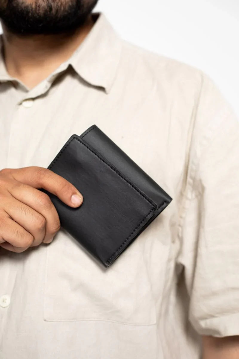 Black Casual Wear Men Wallet at Kamakhyaa by Green Hermitage. This item is Apple Leather, Black, Casual Wear, Free Size, Hemp, Lyocell, Men Wallets, Recycled, Solids
