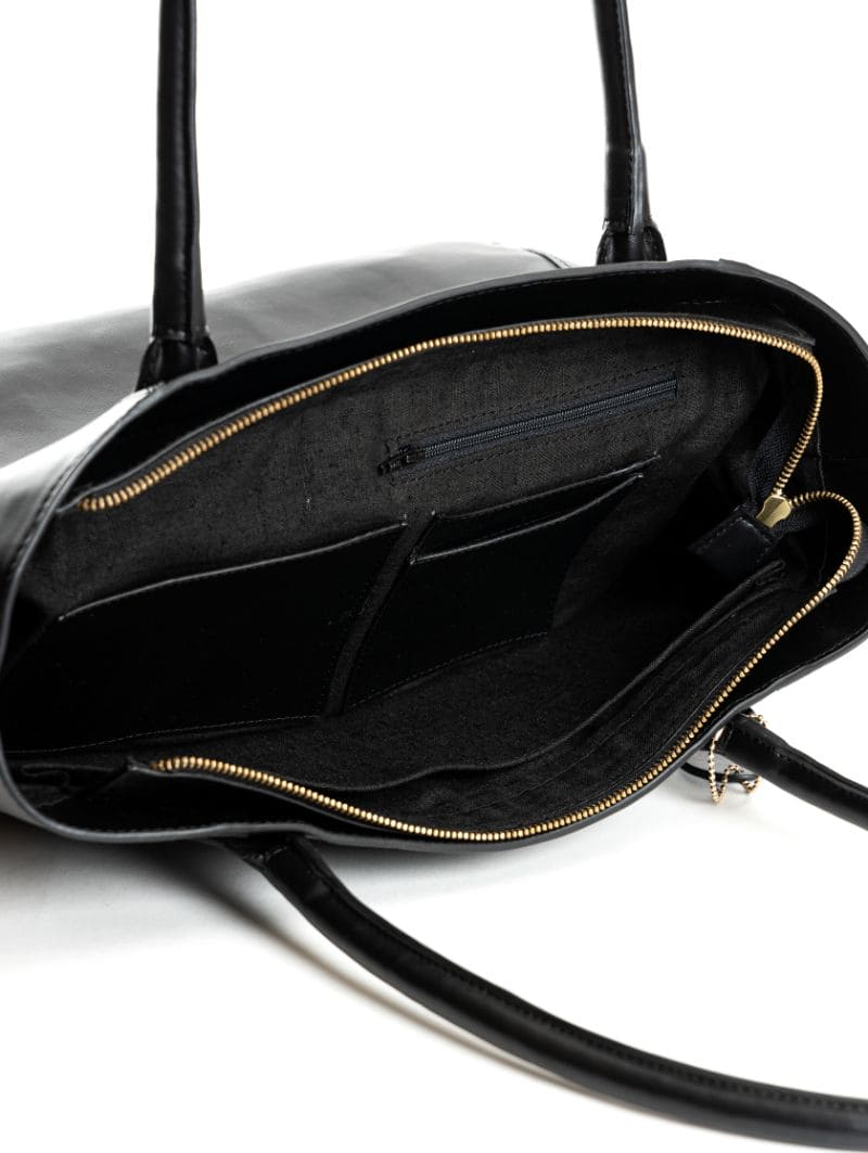 Black Casual Wear Tote Bag at Kamakhyaa by Green Hermitage. This item is Back, Cactus Leather, Casual Wear, Free Size, Hemp, Lyocell, Recycled, Solids, Tote Bags