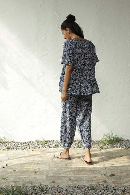Black Cotton Printed Kaftan Co-Ord Set at Kamakhyaa by Canoopi. This item is Blue, Canoopi, Casual Wear, Complete Sets, Cotton, Natural, Prints, Regular Fit, Vacation Co-ords, White, Womenswear