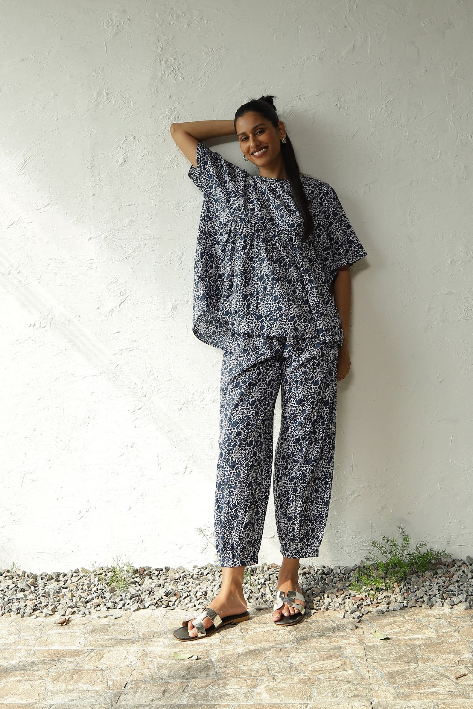 Black Cotton Printed Kaftan Co-Ord Set at Kamakhyaa by Canoopi. This item is Blue, Canoopi, Casual Wear, Complete Sets, Cotton, Natural, Prints, Regular Fit, Vacation Co-ords, White, Womenswear