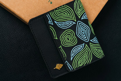 Black Embroidered Cardholder at Kamakhyaa by Green Hermitage. This item is Banjara Embroidery, Black, Cactus Leather, Cardholders, Evening Wear, Free Size, Hemp, Lyocell, Recycled