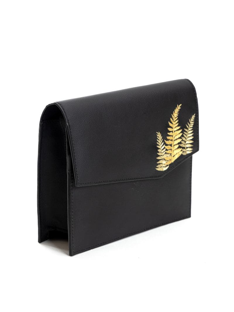 Black Embroidered Crossbody Bag at Kamakhyaa by Green Hermitage. This item is Apple Leather, Black, Casual Wear, Crossbody Bags, Free Size, Hemp, Lyocell, Recycled, Thread Work Embroidery