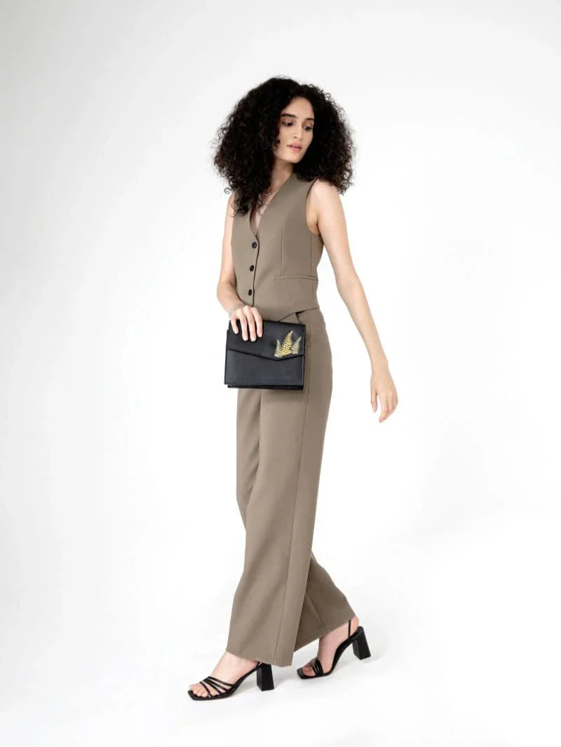 Black Embroidered Crossbody Bag at Kamakhyaa by Green Hermitage. This item is Apple Leather, Black, Casual Wear, Crossbody Bags, Free Size, Hemp, Lyocell, Recycled, Thread Work Embroidery