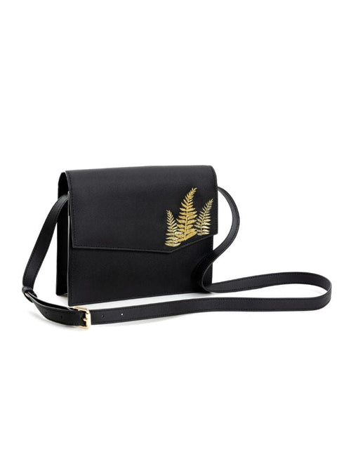 Black Embroidered Crossbody Bag at Kamakhyaa by Green Hermitage. This item is Apple Leather, Black, Casual Wear, Crossbody Bags, Free Size, Hemp, Lyocell, Recycled, Thread Work Embroidery