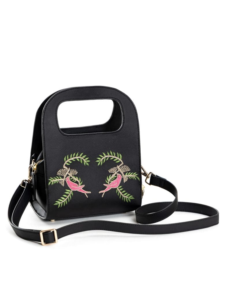 Black Embroidered Crossbody Bag at Kamakhyaa by Green Hermitage. This item is Apple Leather, Black, Crossbody Bags, Free Size, Hemp, Lyocell, Party Wear, Recycled, Thread Work Embroidery