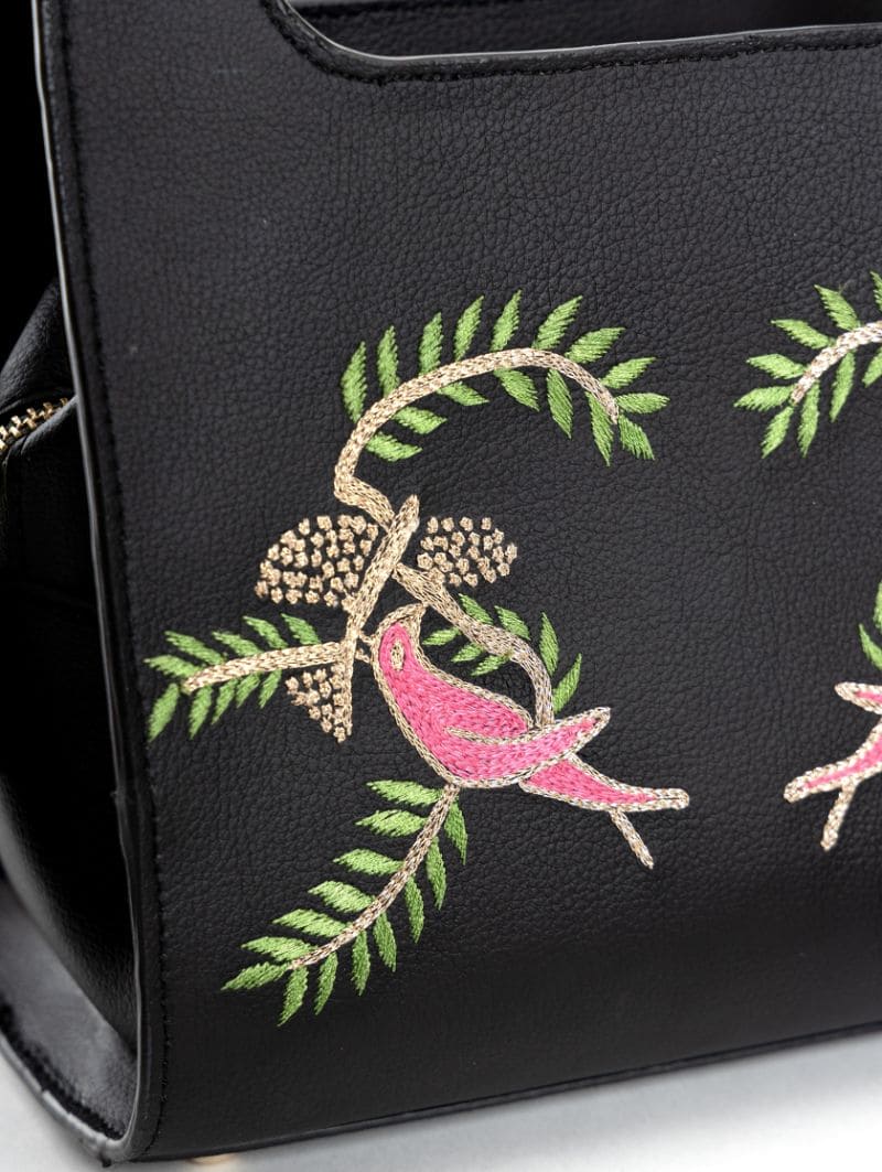 Black Embroidered Crossbody Bag at Kamakhyaa by Green Hermitage. This item is Apple Leather, Black, Crossbody Bags, Free Size, Hemp, Lyocell, Party Wear, Recycled, Thread Work Embroidery