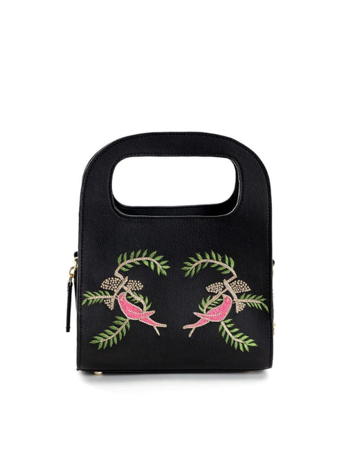 Black Embroidered Crossbody Bag at Kamakhyaa by Green Hermitage. This item is Apple Leather, Black, Crossbody Bags, Free Size, Hemp, Lyocell, Party Wear, Recycled, Thread Work Embroidery