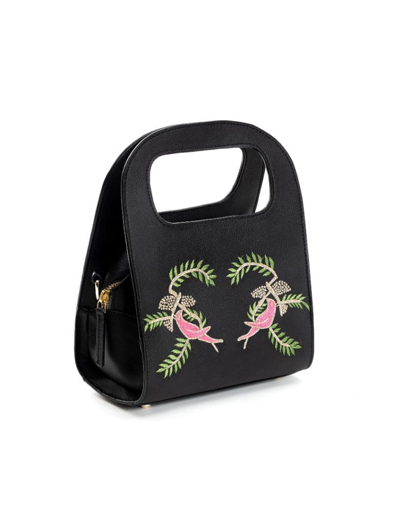 Black Embroidered Crossbody Bag at Kamakhyaa by Green Hermitage. This item is Apple Leather, Black, Crossbody Bags, Free Size, Hemp, Lyocell, Party Wear, Recycled, Thread Work Embroidery