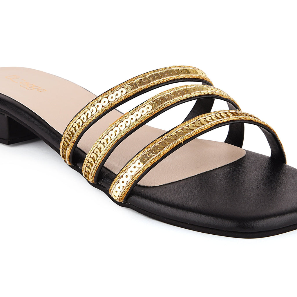 Black Embroidered Embellished Heels at Kamakhyaa by EK_agga. This item is Black, Date Night Fit, Embroidered, Festive Wear, Flats, For Daughter, Iconic Threads of Phoebe Buffay, Less than $50, Party Wear, Patent leather, Santorini, Square Toe Footwear, Vacation Wear, Vegan